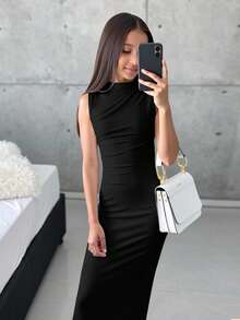 SHEIN Serisse Kids Váy xếp ly bên hông không tay cổ tròn màu trắng trơn đơn giản cho bé gái tuổi mới lớn - màu đen - Xem 7