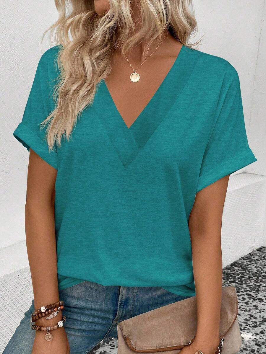 EMERY ROSE Women's Casual Solid Color V-Neck Short Sleeve T-Shirt, Summer - Blue - View 1