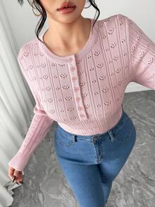 Dazy Plus Valentine Elastic Fitted Jacquard Half-Placket Pink Pullover Sweater, Spring/Autumn - Pink - View 1