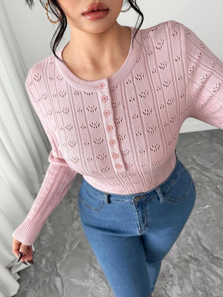 Dazy Plus Valentine Elastic Fitted Jacquard Half-Placket Pink Pullover Sweater, Spring/Autumn