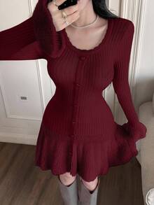 Feyla 秋冬季毛绒拼接刺绣女式毛衣连衣裙 - 酒紅色 - 查看 3