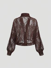 SHEIN Glamour SHEIN Charming Sheer Vintage Ribbon Lace Deep V-Neck Sheer Long Sleeve Loose Women's Shirt Top, Brown French Fashion Lace Tie Collar Hollow-Out Sexy Turn-Down Collar Long Sleeve Women's ShirtvintageVacay Vibestrendy Basic AuStreetwearSkin RevealingRetro ChicMinimalist Stylegirly AuElevated Elegance - Brown - View 12