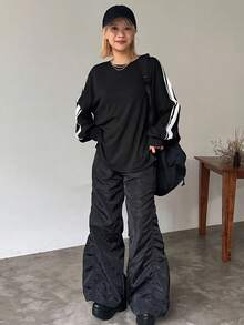 FRIFUL Women's Casual Round Neck Colorblock Long Sleeve Loose T-Shirt, Spring Autumn,Fall Women Clothes - Black - View 2
