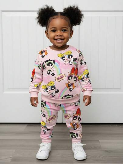 THE POWERPUFF GIRLS X SHEIN Baby Girl Rainbow, Blossom, Bubbles, Buttercup Pattern Pink Cute Casual Long Sleeve Crew Neck Sweatshirt And Pants Sports Suit Fall Winter