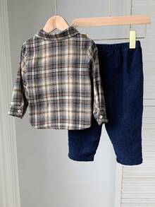 2pcs/Set Baby Boy Plaid Collar Casual Shirt & Elastic Waist Pants Set Baby Set Autumn Winter Season Baby Boys Outfit Baby Boy Plaid Outfit Baby Boy Fall Winter Babyboy Outifts - Multicolor - View 2