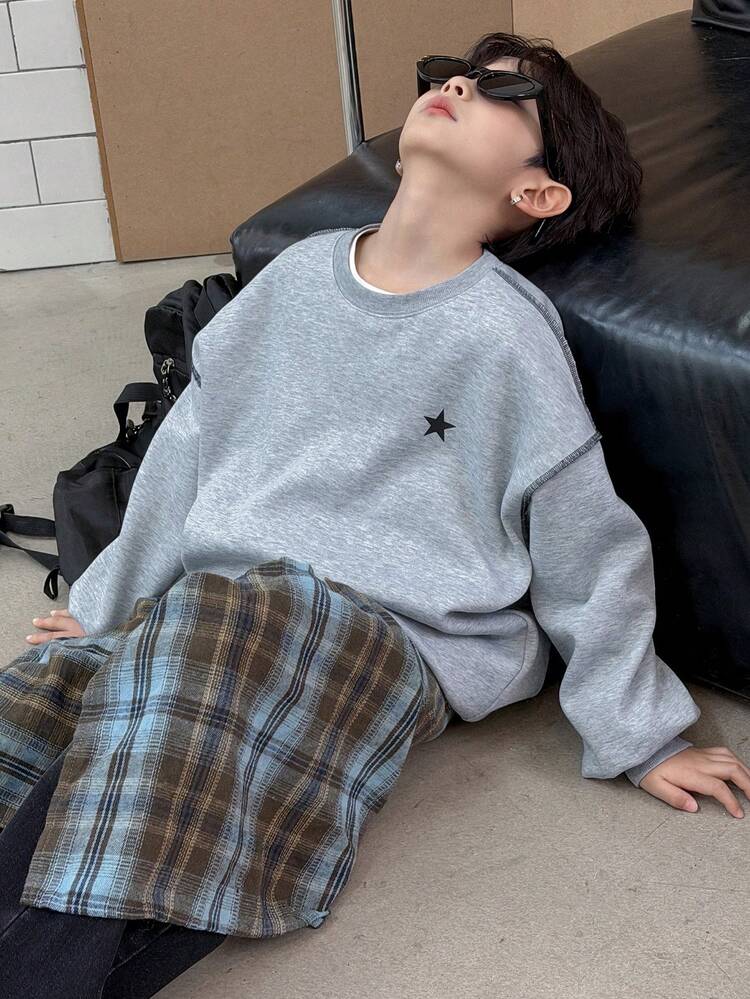 Tween Boy Drop Shoulder Loose Fit Crew Neck Pullover Sweatshirt