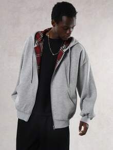 DAZY Men's Grey Hoodie With Red Plaid Lining, Thermal Lined For Autumn/Winter - Grey - View 4