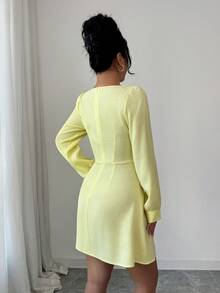 Rafferiza Women's Sweet Romantic Textured Elegant Aristocratic Minimalist Luxury Party Afternoon Tea Casual Dress With Square Neck Long Sleeve Waist Cinched Short Dress - Yellow - View 2