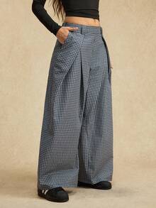 Easelle 休闲复古低腰直筒阔腿弹力腰格子女裤 - 藍色 - 查看 4