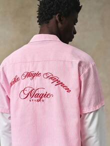 STYNVO 男士字母刺绣条纹短袖单排扣休闲衬衫 - 彩色 - 查看 3