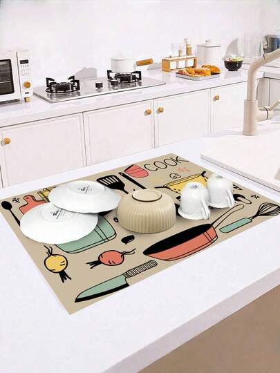 SHEIN 1 件厨房图案干燥垫，适用于咖啡机、碗碟干燥、餐垫使用，水槽边防滑厨房垫，天然卫生的厨房必备品，适合家庭和厨房房间装饰，是您舒适的秋冬风格和圣诞装饰的一部分
