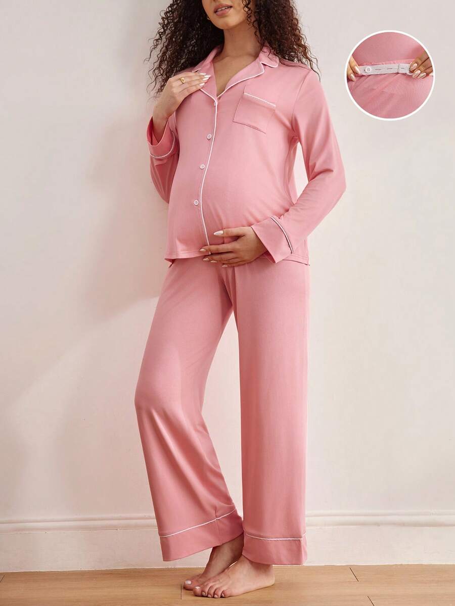 Moonlight&Mama Bộ đồ ngủ thời trang cơ bản cho bà bầu và cho con bú, mùa đông - Hồng - Xem 1