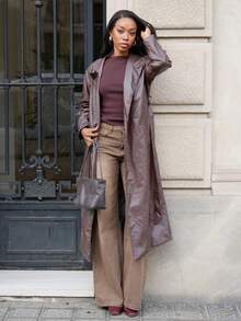 Yess Loren Women Long Solid Color Leather Jacket Regular Fit Coat,Fall Women Clothes - Brown - View 1