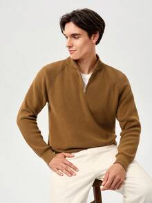 RONVEXI Men's Casual Solid Color Zipper Half-Placket Raglan Sleeve Sweater, Autumn/Winter - Camel - View 6
