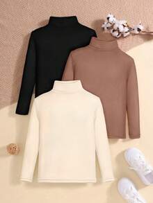 SHEIN Áo len cổ tròn tay dài màu trơn đơn giản dành cho bé gái tuổi teen 3 chiếc - Nhiều màu - Xem 3