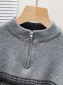 SHEIN 复古图案宽松长袖半拉链毛衣，适合青少年男孩 - 咖啡棕 - 查看 4