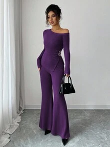 Elenzga 女士时尚休闲两件套，不对称肩部褶皱下摆金属装饰长袖罗纹针织修身T恤+罗纹针织修身喇叭裤 - 紫羅蘭色 - 查看 4