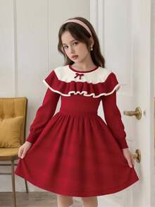 SHEIN 女童可爱手工蝴蝶结针织连衣裙，小女孩休闲公主裙，长袖童装，秋冬新品，百搭，适合返校季 - 紅色 - 查看 1