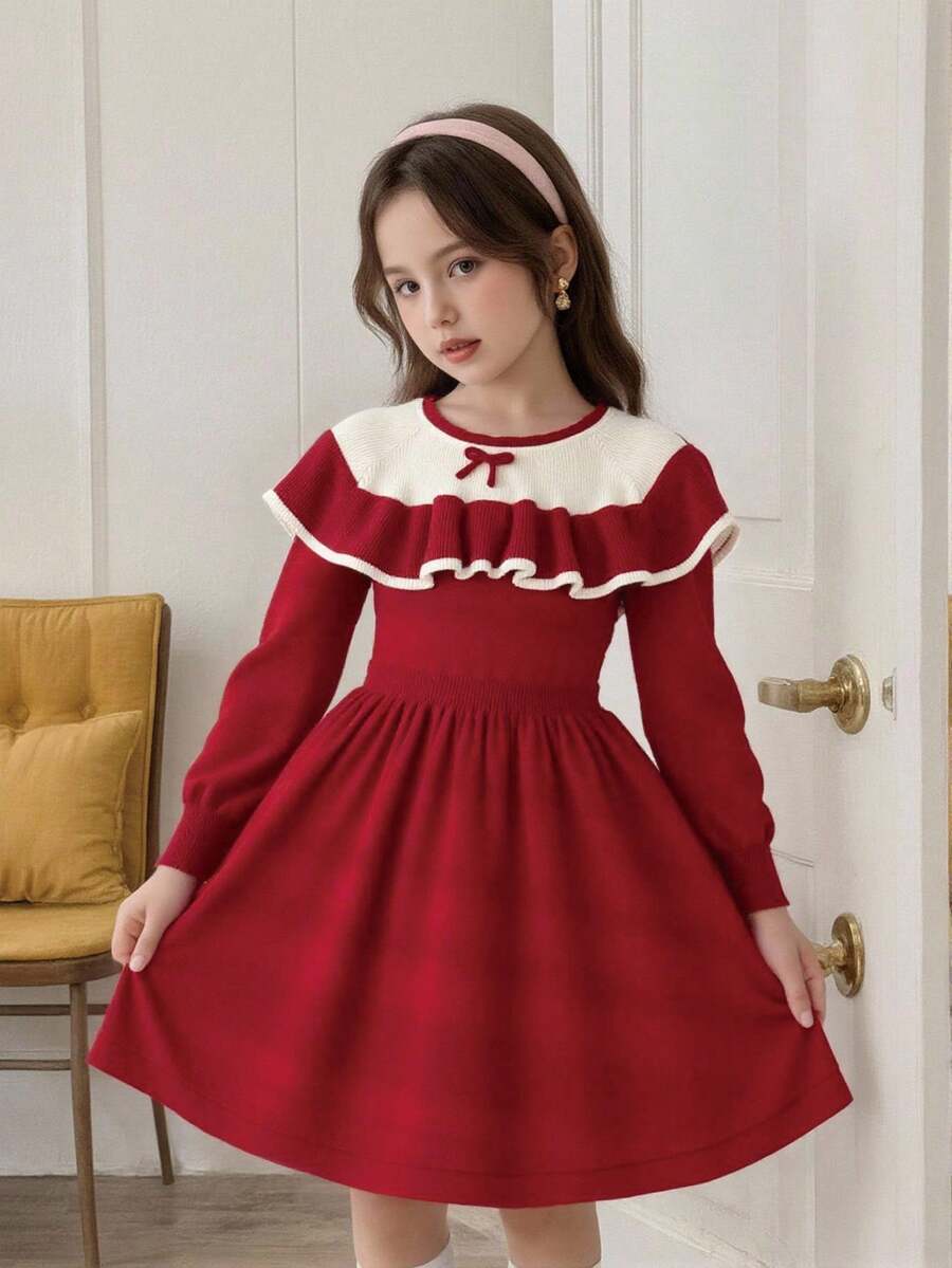 SHEIN 女童可爱手工蝴蝶结针织连衣裙,小女孩休闲公主裙,长袖童装,秋冬新品,百搭,适合返校季 - 紅色 - 查看 1