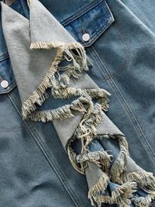 ROMWE MEN Goth 男士嘻哈荷叶边领牛仔夹克 - 藍色 - 查看 11