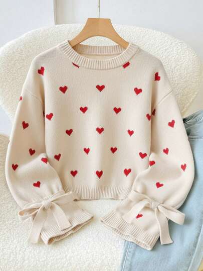 SHEIN 少女秋冬季棕色咖啡色针织罗纹袖口系带蝴蝶结宽松套头毛衣