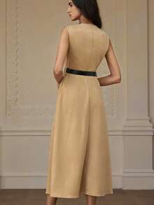 GENKIRA Suede Fabric Autumn/Winter , PU Leather Belt Waist Decor, Commuting Design Sense, Minimalist Fashionable Elegant Versatile Long Dress - Khaki - View 2