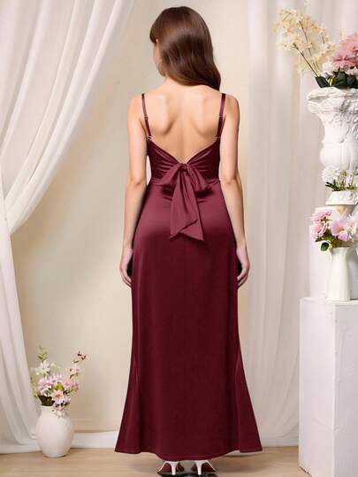 Pitira Tween Girls Partywear Hem Pleated Side Satin Spaghetti Strap Bridesmaid Dress Elegant Formal Evening Prom Wedding Guest Gown, For Graduation, Dinner Party Dress, Burgundy Junior Bridesmaid Dress, Dress Long, Dress With Bow In The Back Burgundy Long Dress Burgundy Dress Elegant Evening Dress