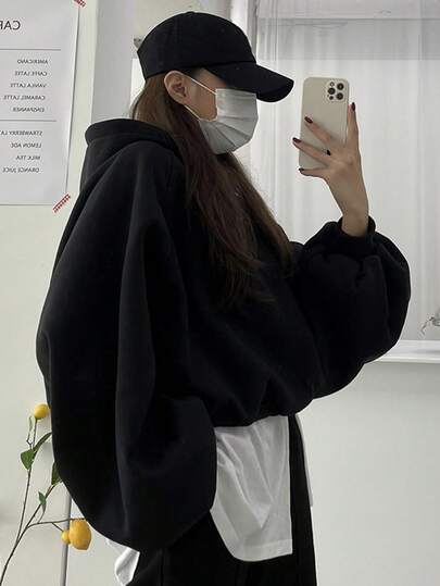 DAZY Women Solid Color Oversized Short Hooded Sweatshirt,Fall Clothes Hoodies