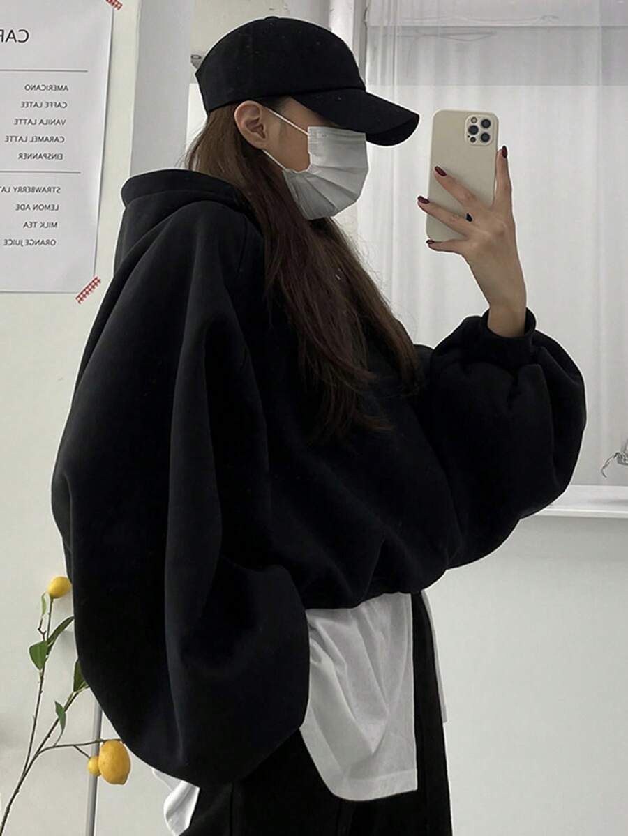 DAZY Women Solid Color Oversized Short Hooded Sweatshirt,Fall Clothes Hoodies - Black - View 1