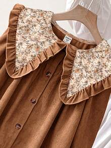 LMoss Kids 女童纯色拼接碎花彼得潘领休闲连衣裙