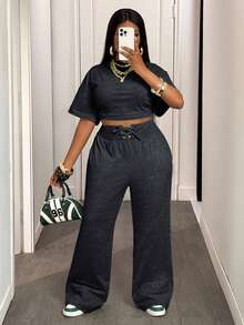 Slaydiva Bộ đồ hai mảnh nữ mùa hè và thu 2025 Áo thun ngắn tay cổ tròn rộng màu xanh lá cây đơn giản thoải mái + Quần ống rộng buộc eo, thích hợp cho du lịch hàng ngày, trở lại trường, tốt nghiệp - Màu xám đen - Xem 6