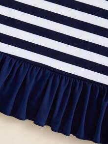 Casuvi Kids 1pc Girls' Fresh School Style Blue & White Striped Polo Collar Dress (Flutter Sleeves + Ruffle Hem Design), Regular Thickness, Casual, Summer - Black and White - View 6