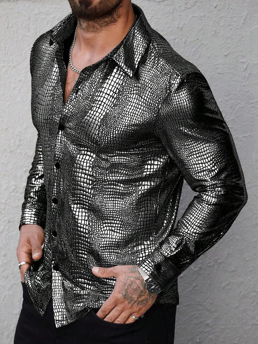Manfinity Roughcore Áo sơ mi nam dài tay cài cúc phía trước in họa tiết da rắn, Áo sơ mi nam in họa tiết da rắn, Áo sơ mi nam dài tay màu bạc, Áo sơ mi nam đính sequin. - Xám - Xem 1