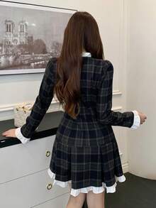 DAZY 女士优雅风格图案拼接荷叶边泡泡袖假口袋短连衣裙，秋季