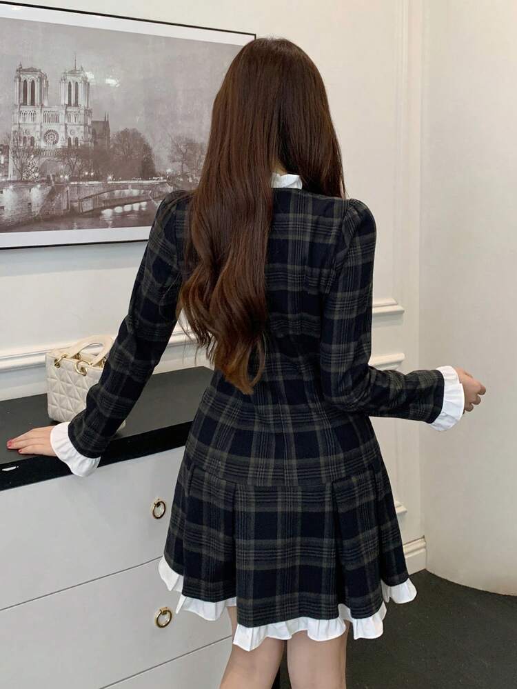 Women's Elegant Style Patterned Splice Frill Trim Puff Sleeve Faux Pocket Short Dress, Autumn