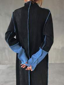 FRIFUL Gaun Wanita Lengan Panjang Kerah Tinggi dengan Blok Warna, Kain Bertekstur Ribbed, Gaun Kasual Longgar, Cocok untuk Gaun Maxi Musim Gugur/Musim Dingin - Hitam - View 7