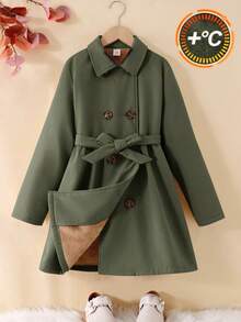 SHEIN Serisse Kids Tween Girls Solid Simple Green Color Thermal Lined Long Coat With Lapel, Suitable And Warm For Autumn Winter, Daily Wear, Casual Occasion, Back To School Trench Coat Kids Girl Coats Tween Dress Coat Girls Wool Coat Girls Coat Peter Pan - Army Green - View 2