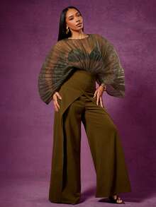 Vixey Solid Sheer Pleated Organza Draped Sleeve Bodysuit