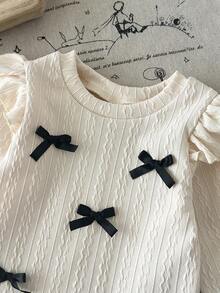 SHEIN 女婴秋冬时尚套装，优雅纹理上衣和裙子两件套，长袖蝴蝶结装饰短百褶裙 - 杏色 - 查看 6