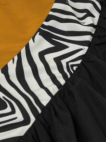 Maweii 大码秋季休闲拼接斑马纹荷叶边前开襟衬衫 - 黃色 - 查看 7