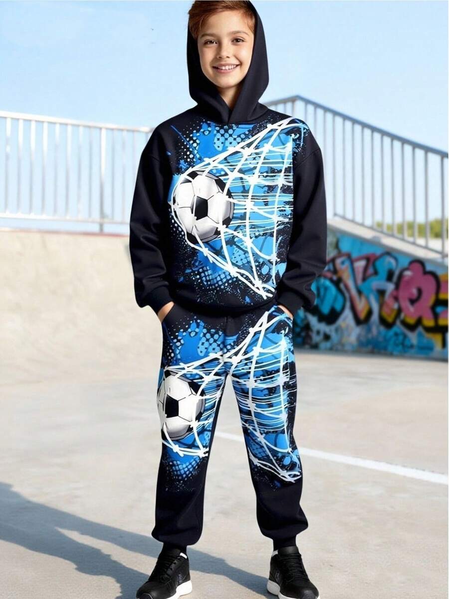 Fantacosmos Tween Jungen Kapuzenpullover und Hose mit Fußball-Muster, lässiger Sportoutfit für den Herbst - Beige - Übersicht 1