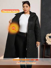 Zelara 大码女式纯色长袖拉链前长款休闲连帽冬季夹克 - 黑色 - 查看 9