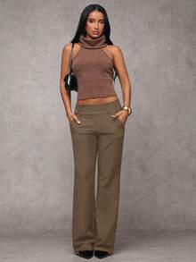 SHEIN BAE 女士纯色口袋优雅喇叭裤 女士正装裤 商务休闲女裤 秋季，女士秋装，女士冬装 - 卡其色 - 查看 3