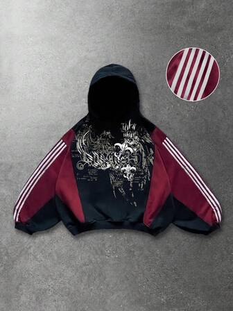 Goth Herren Patchwork Kontrast Farbige Kapuzenjacke, Locker geschnittener Crop Stil