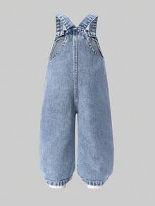 SHEIN Quần yếm denim giặt cho bé gái, bộ đồ liền thân rộng rãi in hoa - Màu xanh lam - Xem 3