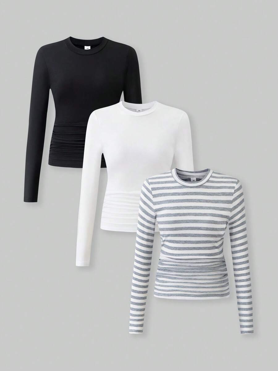 SHEIN ChillGRL 3 pièces/Set T-shirts à manches longues ajustés, col rond, taille froncée, style décontracté pour jeunes filles - Multicolore - Voir 1