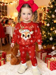 一套女婴休闲安哥拉红色圣诞快乐可爱童话驯鹿插画印花圣诞前夜卫衣和打底裤，柔软厚实的圆领长袖套头衫和修身长裤，适合秋冬季穿着。 - 彩色 - 查看 1