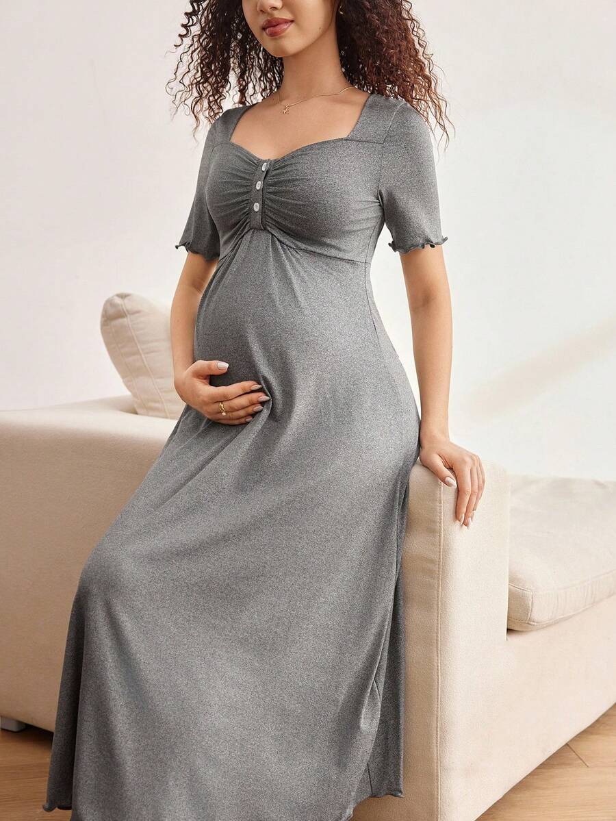 Moonlight&Mama Maternity Casual Solid Color Short Sleeve Nursing Nightgown - Grey - View 1