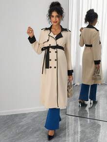 Momance معطف أنيق للحوامل بأكمام طويلة وحزام مزدوج الصدر بألوان متباينة