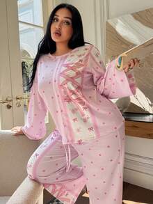 Miss Vinta Plus Size 2pcs Romantic Countryside Style Polka Dot Bow Floral Knit Pajama Set, Spring/Autumn, Winter Clothes - Pink - View 3
